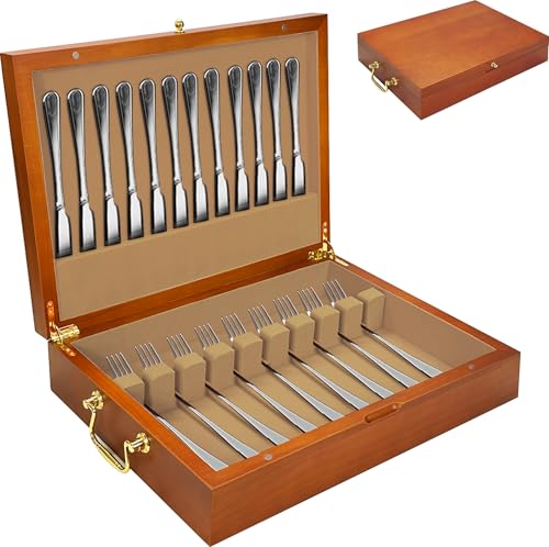 Silverware Storage Box Solid Wood with Lid, Silverware Organizer with Handle and Felt Lined, Silverware Storage Chest for Flatware and Utensils Home Decor Gift, Chest for Flatware Setting Up 15 - color: Oak, size: 1 Layer