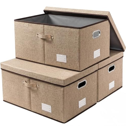 Storage Bins with Lids [3-Pack] Jute Fabric Foldable Storage Boxes Organizer Containers Baskets Cube with Cover for Home Bedroom Closet Office Nursery khaki（23.4X15.9X11.5