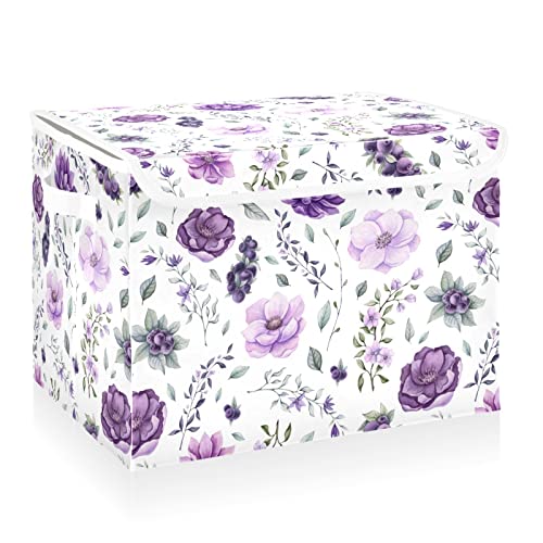 CaTaKu Large Fabric Storage Bins With Lids, Watercolor Purple Floral Storage Boxes With Handles for Organizing Clothes, Collapsible Storage Cube Bins Baskets for Shelves - color: Florals Purple