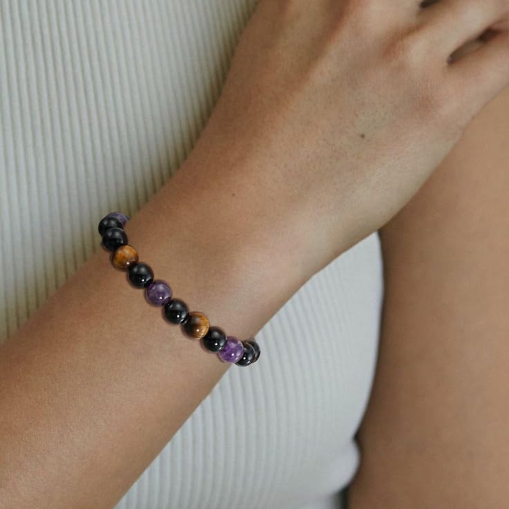 Healing Crystal Bracelet for Women, Natural Stone Beaded Healing Crystal Bracelet Triple Protection Stress Relief Beads Jewelry Birthday Gifts Jewelry for Her - style: Triple Protection-2