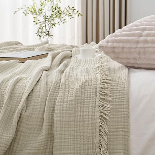 Esterra Muslin Throw Blanket 50x65 Inches Cozy Soft Lightweight Pre-Washed Cotton Blanket, All Season Breathable 4-Layer Gauze Blanket Throw for Sofa Couch Bed, Oatmeal - color: 03 - Oatmeal, size: Throw (50"x65")