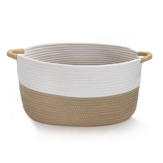 Large Cotton Rope Storage Basket with Handles, Hamper, Laundry Basket, 20 "L x 14" W x 12 "H, Home Decor for Storage Blanket &Toy, etc .(White & Khaki) - color: White & Khaki, size: L (20 "L x 14" W x 12 "H)