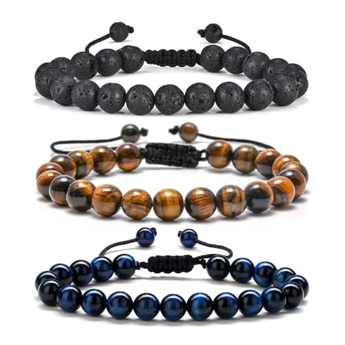 M MOOHAM Fathers Day Gift Mens Bracelet - Beaded Natural Stone 8mm Tiger Eye Matte Agate Lava Rock Bracelets for Men Teen Boys Grandpa Dad Birthday Gifts Jewelry - style: 3 Pcs Tiger Eye&Lava Rock