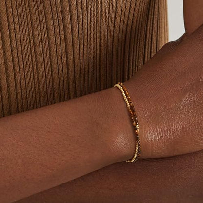 Women Beaded Bracelet Gold Double Layer Gemstone 14K Simple Dainty Handmade Chain Everyday Boho Beach Jewelry - style: Tiger's Eye