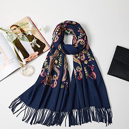 Embroidered Brushed Shawl Paisley Leaves Pattern Scarf Soft Ponchos Wrap Cape With Fringes - color: 014-navy