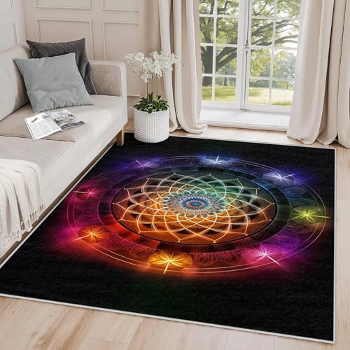Chakra Rug for Meditation - Chakra Rug, 4x5 Rug, Boho Mandala Spiritual Area Rug, Colorful Yoga Carpet, Washable & Non Slip & Soft Large Rugs, Chakra Home Decor Gifts - color: Black Rainbow, size: 4' x 5' (Rectangular)