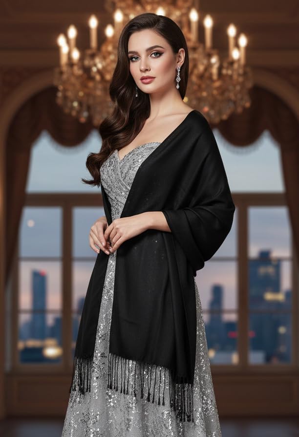 Pashmina Shawls Wraps for Women. Dress Cover Up Formal. Cashmere Feel Wrap for Evening Dress. - color: Deep Black