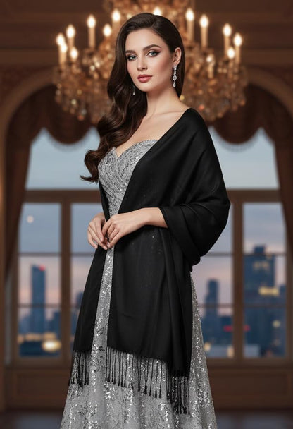 Pashmina Shawls Wraps for Women. Dress Cover Up Formal. Cashmere Feel Wrap for Evening Dress. - color: Deep Black