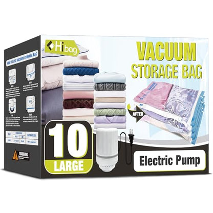 HIBAG Vacuum Storage Bags with Electric Pump, Vacuum Seal Bags for Clothing, Pillows, Blanket Bedding Comforters, 10 pack Large - size: LARGE
