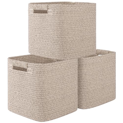 OIAHOMY Storage Cubes 11 Inch Storage Bins-3-Pack, Cotton Rope Woven Baskets for Organizing, Square Storage Baskets for Shelves Organizer, Classroom, Kids Toy Bins, Closet, Baby Nursery-Brown - color: Brown