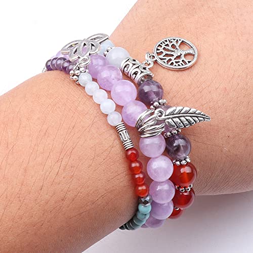 Tree of Life Yoga Healing Stone Bracelets,Multilayer Lotus Chakra Stone Reiki Bracelet Sets,Anxiety Crystal Natural Stone,for Women Stress Relief - style: Chakra+Purple jade