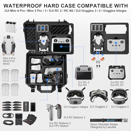 Lekufee Portable Waterproof Hard Case for DJI Mini 4 Pro/3 Pro/3 Drone, RC 2/RC N3/N2, Goggles 2/3/Integra, RC Motion 2/3 and Accessories(Case Only)