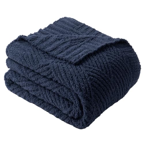 Navy Blue Chenille Throw Blanket for Couch, Soft Diamond Textured Knit Blanket, Cozy Lightweight Decorative Blankets for Sofa, 50"x60" - color: Navy