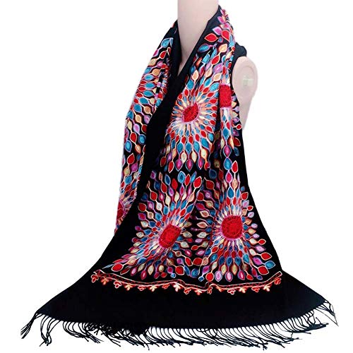 Urban CoCo Women's Embroidered Oversize Tassel Shawl Scarf Wraps for Women - color: Black