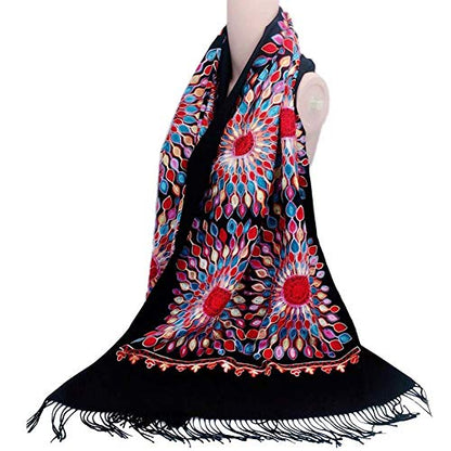 Urban CoCo Women's Embroidered Oversize Tassel Shawl Scarf Wraps for Women - color: Black