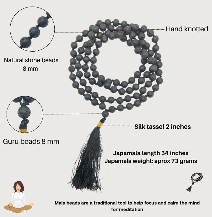 GEMSCITE Japa Mala 108 Prayer Beads Perfect for Meditation Spiritual Mala Necklace & Wrist Mala Bracelet - color: Lava, size: Hand Knotted