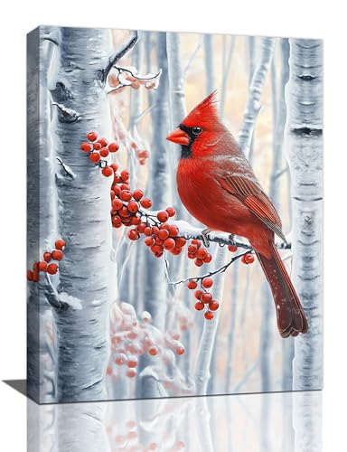 Cardinal Wall Art Red Birds on Branch with Berries in Winter Pictures Winter Canvas Wall Decor Cardinal Painting Home Artwork Decorations Framed for Living Room Bedroom Bathroom Office 16x20 inch - color: Cardinal, size: 20"L x 16"W