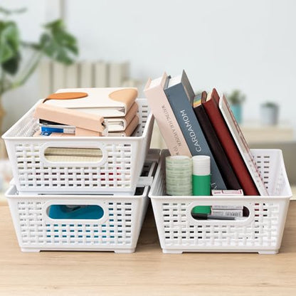Tiawudi Stackable Woven Plastic Basket, Storage Bins for Cabinet, Closet, Shelf, Under Sink and Countertop, Pantry Organizer Bins, 6 Pack - color: White