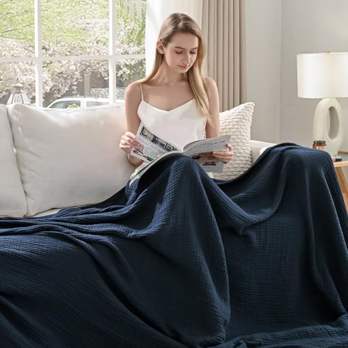 Esterra Muslin Throw Blanket 50x65 Inches Cozy Soft Lightweight Pre-Washed Cotton Blanket, All Season Breathable 4-Layer Gauze Blanket Throw for Sofa Couch Bed, Navy Blue - color: 13 - Navy Blue, size: Throw (50"x65")