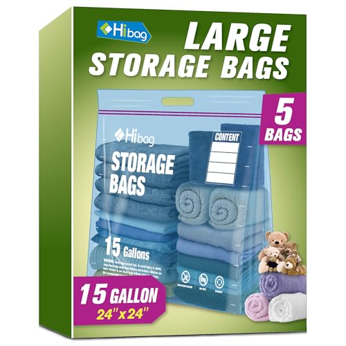 15 Gallon Large Storage Bags, 24” x 24” Zipper Bags with Handle, Extra Large XL Zip Top Bags for Clothes Travel Moving, Blue, Pack of 5 - size: 15gallon-5p