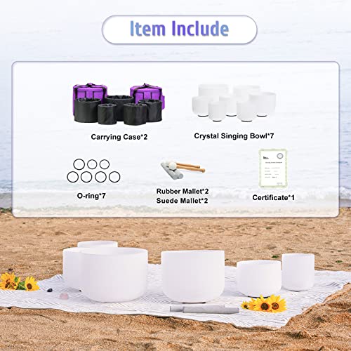 CVNC 440HZ 6-12 inch Set of 7 Frosted Chakra Quartz Crystal Singing Bowls For Sound Healing with Heavy Duty Carrying Cases