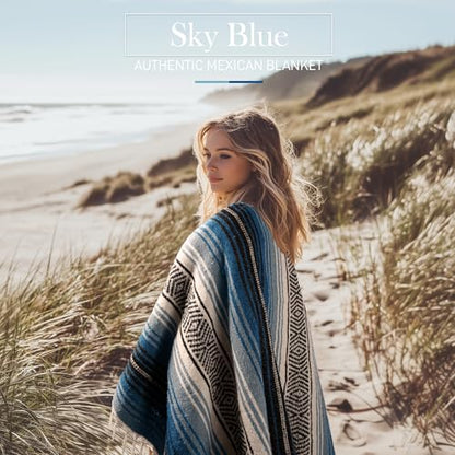 Hydration Nation Authentic Extra Large Mexican Blanket (70"x50") - Handwoven Yoga, Serape- Artisanal Falsa, Beach, Camping, Picnic, Outdoor - Sky Blue - color: Sky Blue
