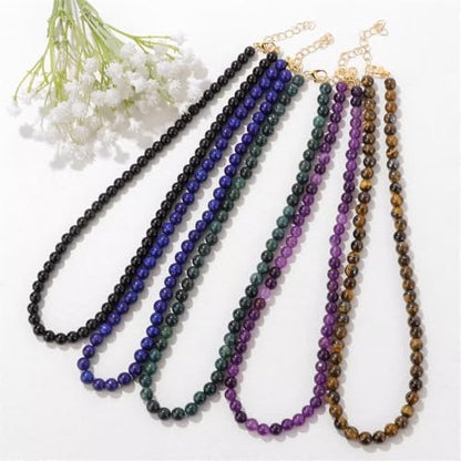 Healing Crystal Necklace for Women Men Colorful 6mm Natural Stone Beaded Choker Gemstone Necklaces with Card Handmade Reiki Spiritual Jewelry Gift - color: Amethyst