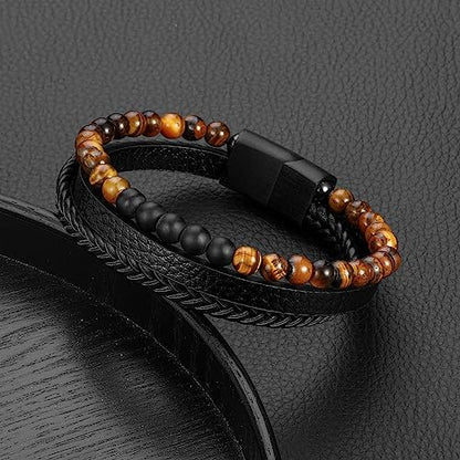 Leather Bead Bracelets for Men, Natural Tiger Eye Lava Rock Stone Bead Magnetic Clasp Adjustable Leather Bracelets Stress Relief Mens Anxiety Bracelet Mens Jewelry Gifts - style: Black Leather-Tiger Eye&Matte Agate