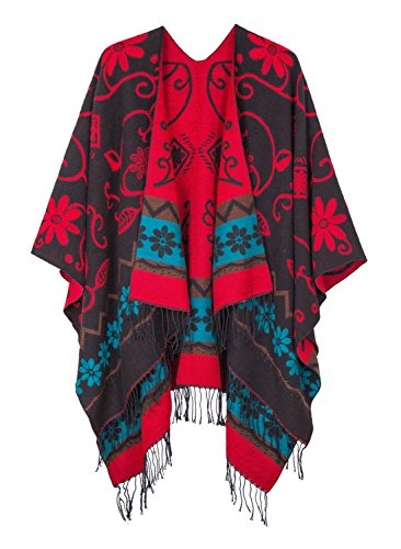 Urban CoCo Women's Retro Style Vintage Pattern Tassel Poncho Shawl Cape Wraps For Women - color: Series1-black