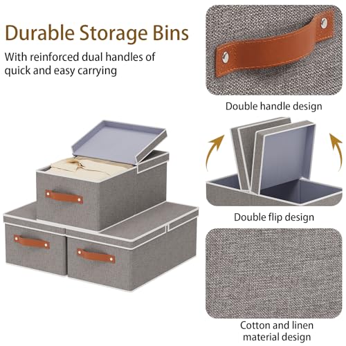 3-Pack Storage Boxes, Foldable Blanket Basket with Detachable Lid, Linen Closet 0rganizers with Double Handles, Collapsible Cubes for Organizing, Grey, 18.5 x 11 x 7.9 in