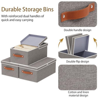 3-Pack Storage Boxes, Foldable Blanket Basket with Detachable Lid, Linen Closet 0rganizers with Double Handles, Collapsible Cubes for Organizing, Grey, 18.5 x 11 x 7.9 in