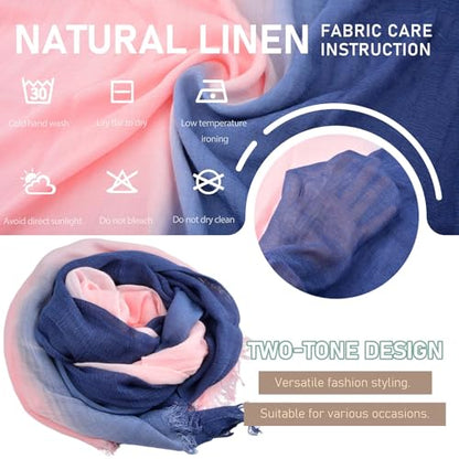 Two-tone Linen Scarf for Women Lightweight Summer Wrap Cotton Shawl Beach Travel Pashmina Gauze 75"×35" - color: Pink/Navy