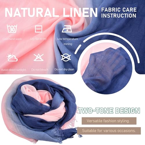 Two-tone Linen Scarf for Women Lightweight Summer Wrap Cotton Shawl Beach Travel Pashmina Gauze 75"×35" - color: Pink/Navy