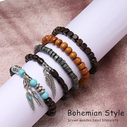 Wooden Beaded Bracelet for Men Women Brown Bracelet Mens Ethnic Tribal wrist Bracelets - color: B:5Pcs
