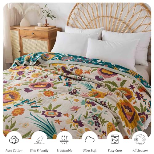 Qidordour Boho Throw Blanket, 60"x80" Muslin Blankets for Adult, 100% Organic Cotton Blanket for Couch Sofa, Lightweight Quilt, All Season Bed Throw, Farmhouse Home Decor, C-Phoenix Floral