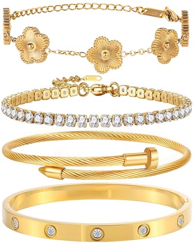 18K Gold Plated Bangle Bracelet Set for Women Stackable Lucky Floral Adjustable Tennis Bracelet Non Tarnish Gift Jewelry for Christmas Valentines Birthday Mother's Day - color: Gold