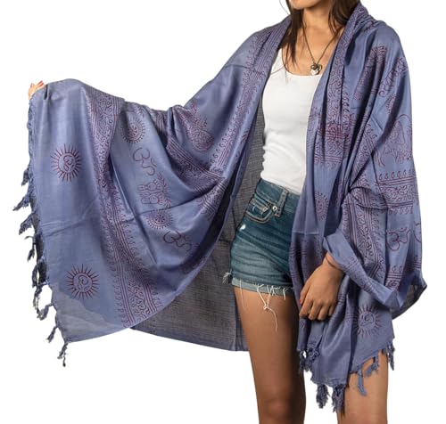 Tribe Azure Fair Trade Large Scarf Wrap Yoga Soft Cotton Mix Hand Printed Boho Bohemian White Black Yellow - color: Blue