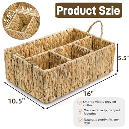 Water Hyacinth Storage Basket, 4 Section Natural Wicker Storage Bin, Woven Storage Organizer with Handle, Large Divided Basket for Shelves Countertop Bathroom Pantry, 16" L x 10.5" W x 5.5" H