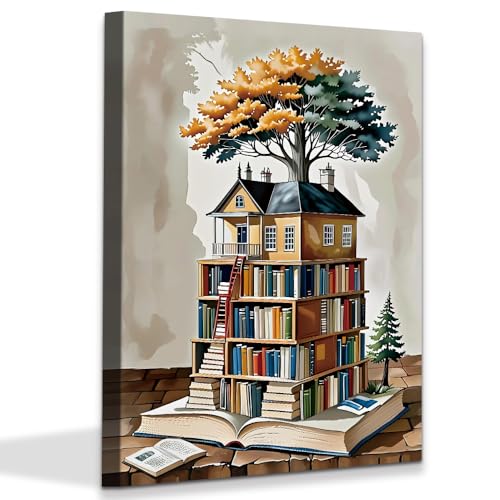 Framed Tree Book Canvas Wall Art Watercolor Vintage Tree House and Books Bathroom Canvas Wall Art Rustic Country Art Wall Decor for Library Reading Room Bedroom Modern Reading Concept Home Decoration 16"x12" - color: Tree Book Canvas Wall Art