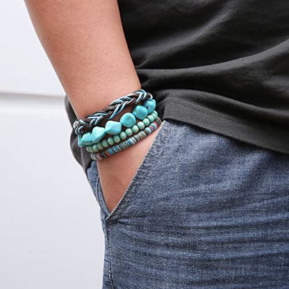 HZMAN Wrap Bracelets Men Women, Hemp Cords Wood Beads Ethnic Tribal Bracelets, Leather Wristbands - style: Turquoise
