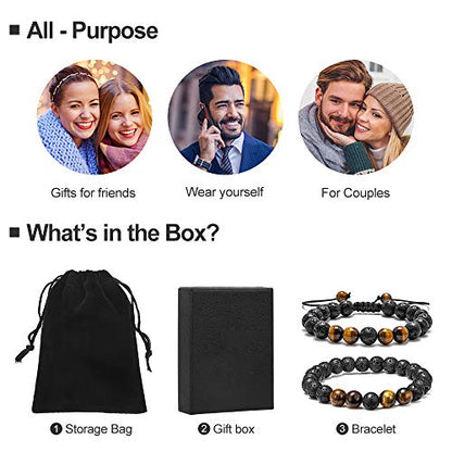 M MOOHAM Fathers Day Gift Mens Bracelet - Beaded Natural Stone 8mm Tiger Eye Matte Agate Lava Rock Bracelets for Men Teen Boys Grandpa Dad Birthday Gifts Jewelry - style: Lava Rock&Yellow Tiger Eye Bracelets