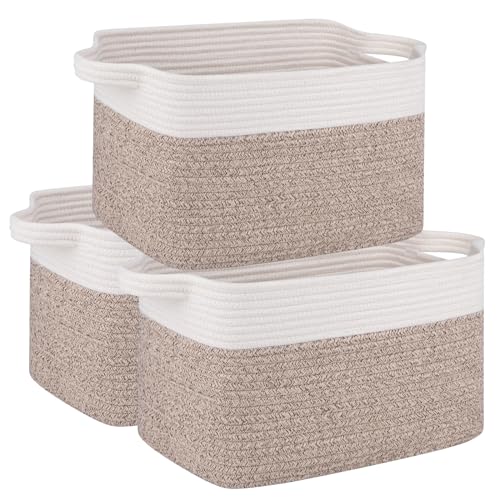 OIAHOMY 3 Pack Storage Baskets for Organizing, 13''X9.85''X8.7'' Storage Bins,Woven Basket with Handles, Toy Storage Bin,Stylish Room Decor Basket, white & Brown variegated - color: Brown variegated, size: 13''×9.9''×8.7''