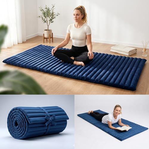 Leewadee - Foldable Floor Mattress - Japanese Roll Up Futon -Trifold Tatami Mat- Guest Floor Bed - Camping Mattress - Thai Massage Mat, Kapok Filled, 75 x 28 inches, Blue - color: Cl44 - Blue, size: M: 75x28"