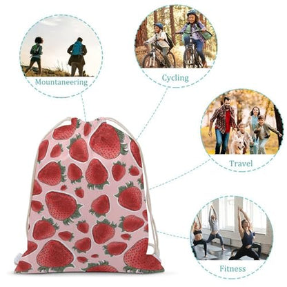 Strawberry Fruit Pink Portable Canvas Drawstring Backpack with Drawstring Pockets 35x50cm - color: Strawberry Fruit Pink, size: 35x50cm