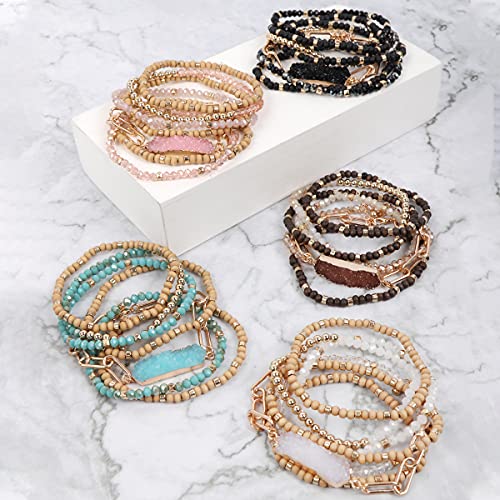 RIAH FASHION Bohemian Acrylic Druzy Multi-Layer Bead Statement Bracelet - Versatile Faux Stone Pendant Stretch Strand Stackable Cuff Bangle Set Sparkly Crystal - color: Hexa Druzy Wood Mix - Black