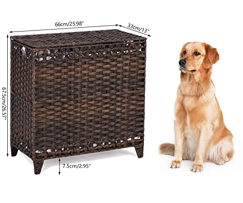 Laundry Hamper with 3 Removable Liner Bags; 132L Handwoven Rattan Laundry Basket with Lid & Heightened Feet; Clothes Hamper with Side Handles; Laundry Sorter with 3 Separate Sections