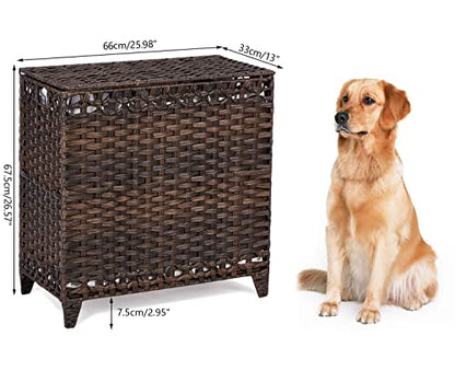 Laundry Hamper with 3 Removable Liner Bags; 132L Handwoven Rattan Laundry Basket with Lid & Heightened Feet; Clothes Hamper with Side Handles; Laundry Sorter with 3 Separate Sections
