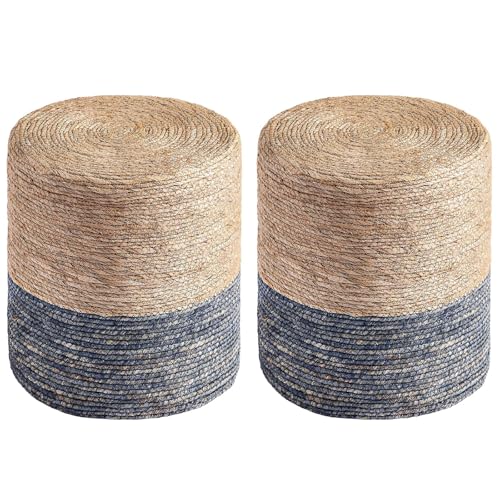 Round Pouf Ottomans, Handwoven Natural Water Hyacinth Seagrass Pouffe,Outdoor Rattan Stool Accent Seat, Bohemian Coastal Home Decor (2pcs 14inch Natural Cattail-Blue) - color: 2pcs 14inch Natural Cattail-blue