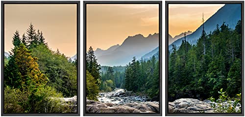 wall26 Framed Canvas Print Wall Art Set Sunset Colorado Mountain River Forest Nature Wilderness Photography Realism Rustic Landscape Colorful for Living Room, Bedroom, Office - 16"x24"x3 Black - color: A38-2204-fo35, size: 16" x 24" x 3 Panels BLACK