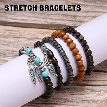 MILAKOO Mens Beaded Bracelets Tribal Wooden Elastic Adjustable Prayer Beads Wrap Cuff for Women - color: K: 5pcs